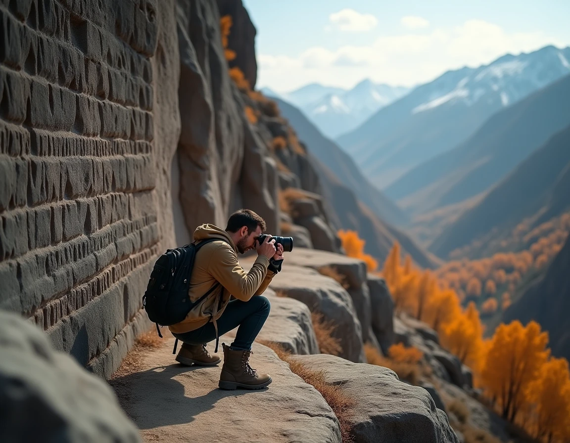 Photographe de voyage explorant les inscriptions cunéiformes de Ganjnameh dans la vallée rocheuse près de Hamadan