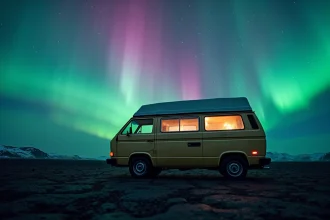 Van aménagé garé sur un champ de lave en Islande sous une aurore boréale verte et violette dans un ciel étoilé