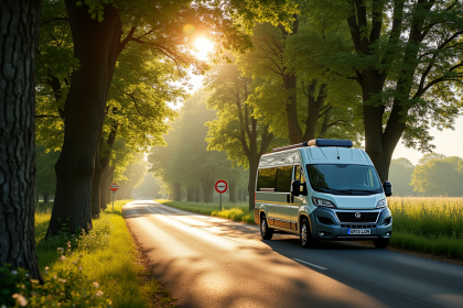 Van de camping élégant sur une route rurale en France