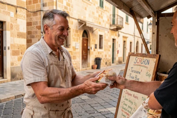 Vendeur de rue maltais proposant un sandwich ftira traditionnel dans les ruelles en pierre de La Valette, Malte