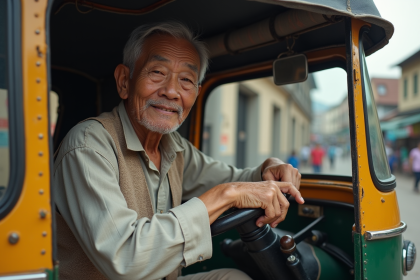 Vieux homme asiatique dans un tuk tuk traditionnel