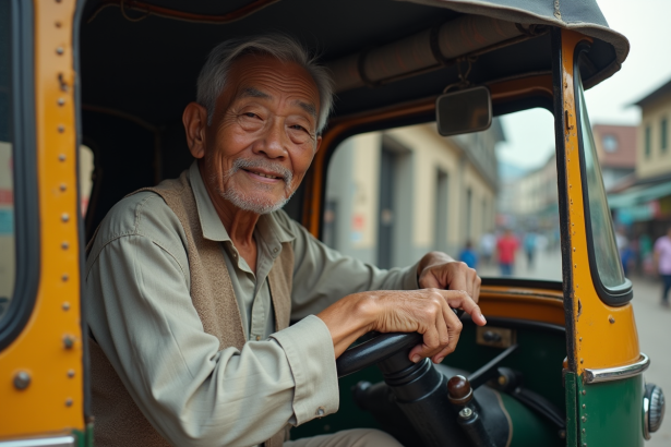 Vieux homme asiatique dans un tuk tuk traditionnel