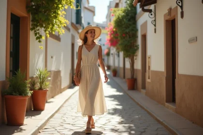 Femme en robe en lin se promenant dans une ruelle ombragée du centre-ville de Malaga avec un chapeau de paille et un éventail