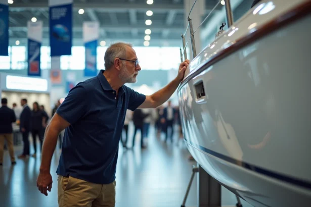 Visiteur admirant un voilier exposé au Salon du nautisme de Paris dans un grand hall d'exposition