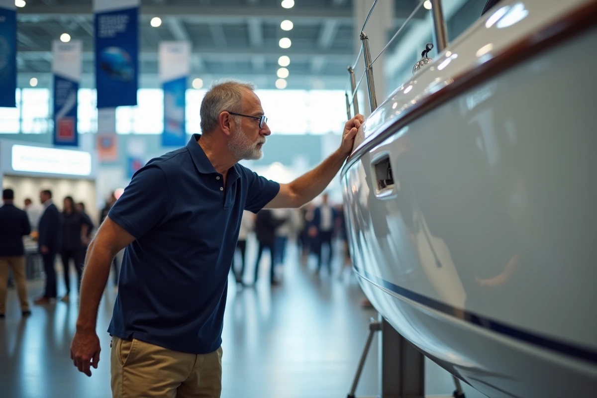 Visiteur admirant un voilier exposé au Salon du nautisme de Paris dans un grand hall d'exposition