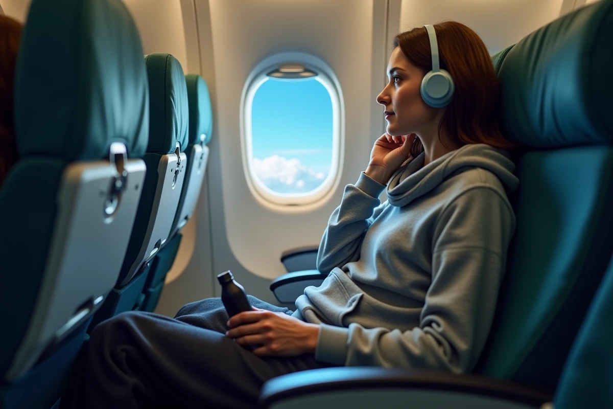 Femme en tenue confortable ajustant son casque antibruit dans un siège d'avion lors d'un vol longue distance Paris-Sydney