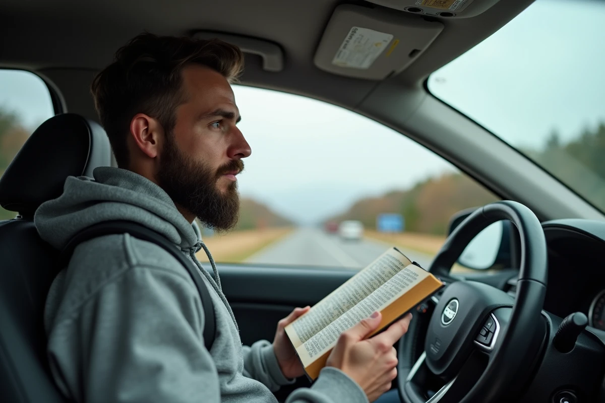 Jeune homme avec livre de priere dans une voiture