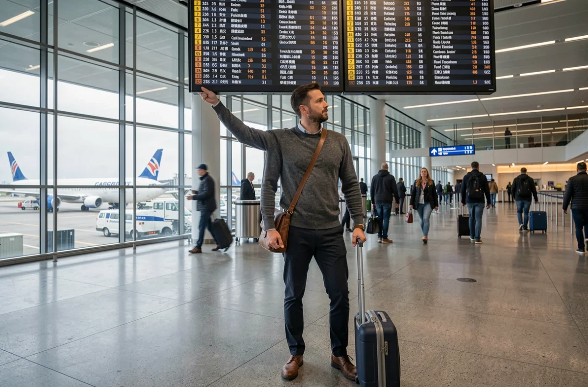 Voyageur consultant le tableau des départs dans un aéroport international pour choisir sa prochaine destination
