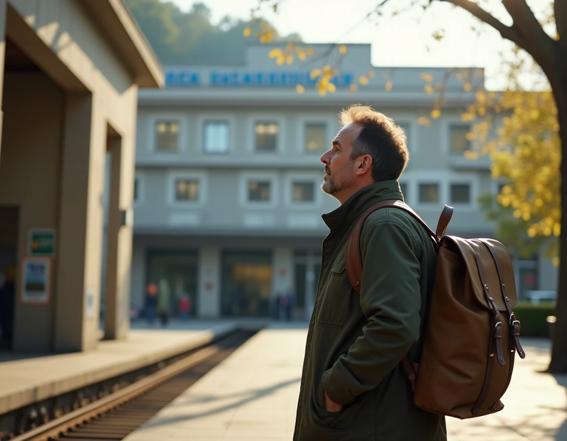 Voyageur arrivant en train à la gare centrale de Ljubljana en Slovénie avec son sac à dos