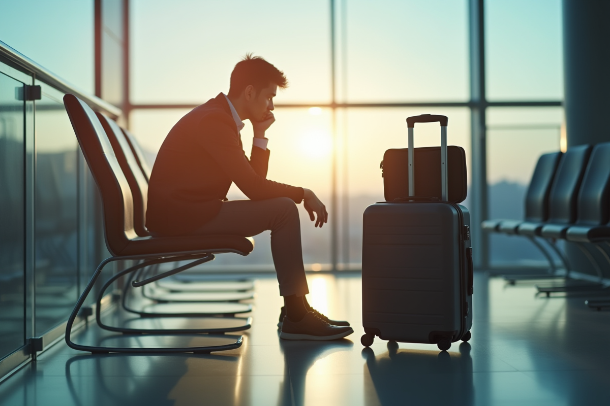 Voyageur inquiet assis a cote d