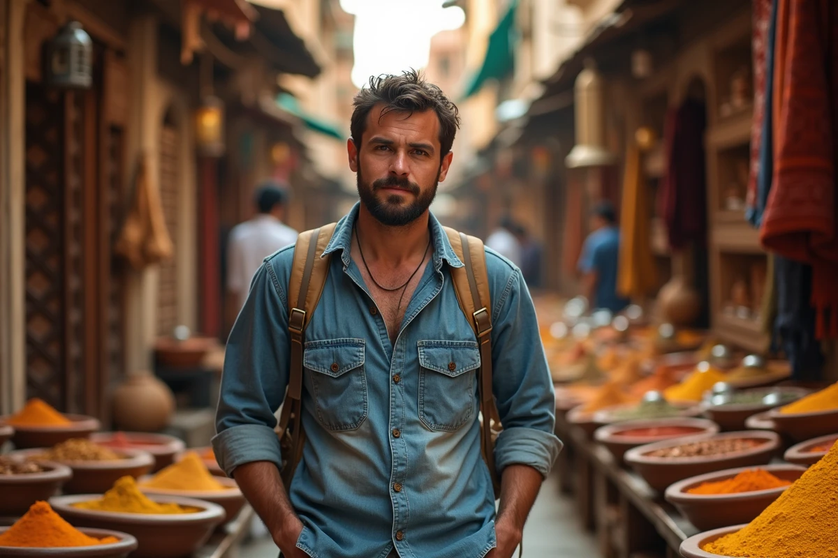 Voyageur masculin perdu dans un souk traditionnel animé entouré de textiles colorés et d'épices, atmosphère authentique