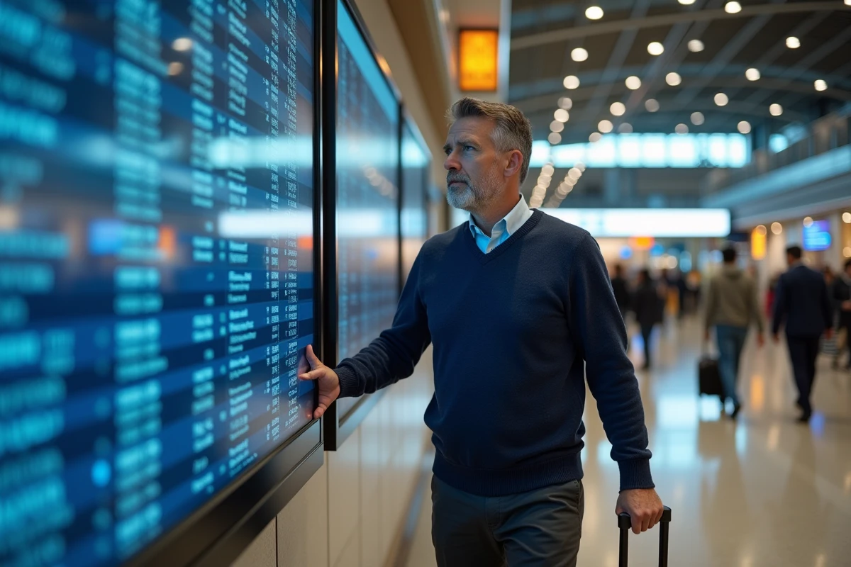Voyageur consultant le tableau des départs d'un grand aéroport lors d'une escale sur un vol long-courrier Paris Hong Kong, exprimant la confusion et la fatigue du transit