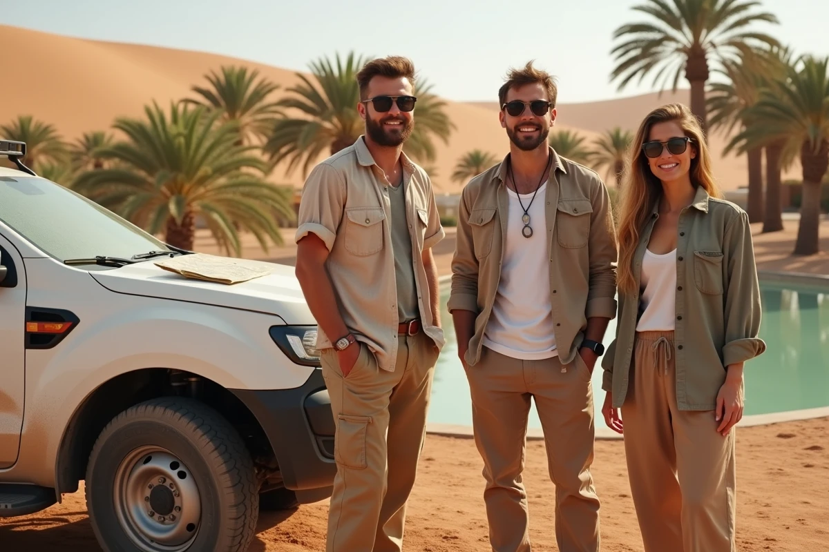 Voyageurs en excursion 4x4 à l'oasis de Ksar Ghilane avec source d'eau chaude et palmiers en arrière-plan