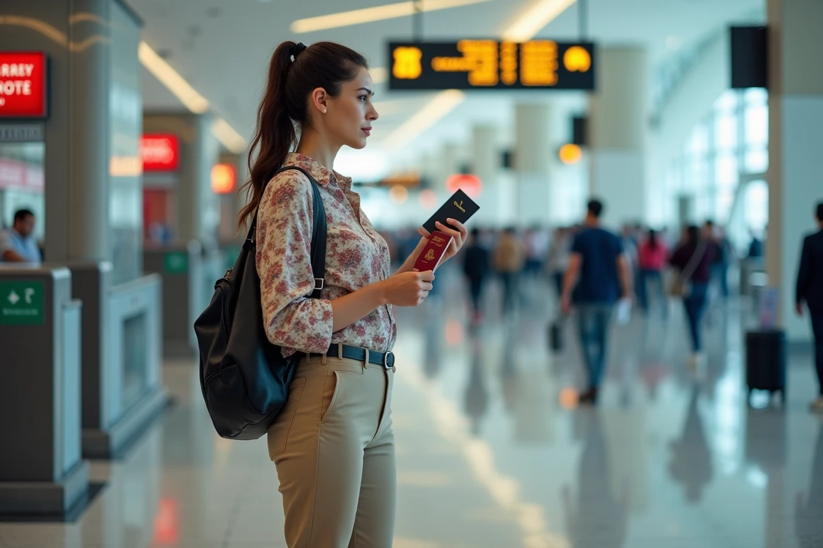 Voyageuse seule à l'aéroport de Dubaï comparant les taux de change au comptoir avec son passeport Emirates