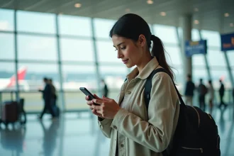 Voyageuse utilisant une eSIM sur son smartphone dans un terminal d'aéroport international avant l'embarquement