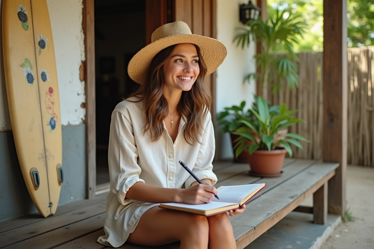 Voyageuse solo écrivant dans son journal sur la terrasse d'une guesthouse à Kuta Lombok, ambiance détendue et authentique