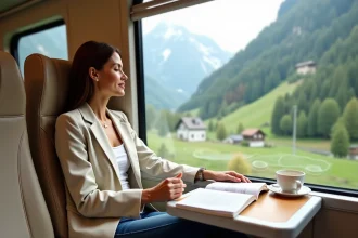 Voyageuse en train panoramique traversant les Alpes en direction de Ljubljana, Slovénie