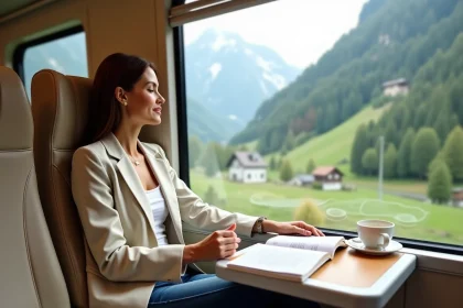 Voyageuse en train panoramique traversant les Alpes en direction de Ljubljana, Slovénie