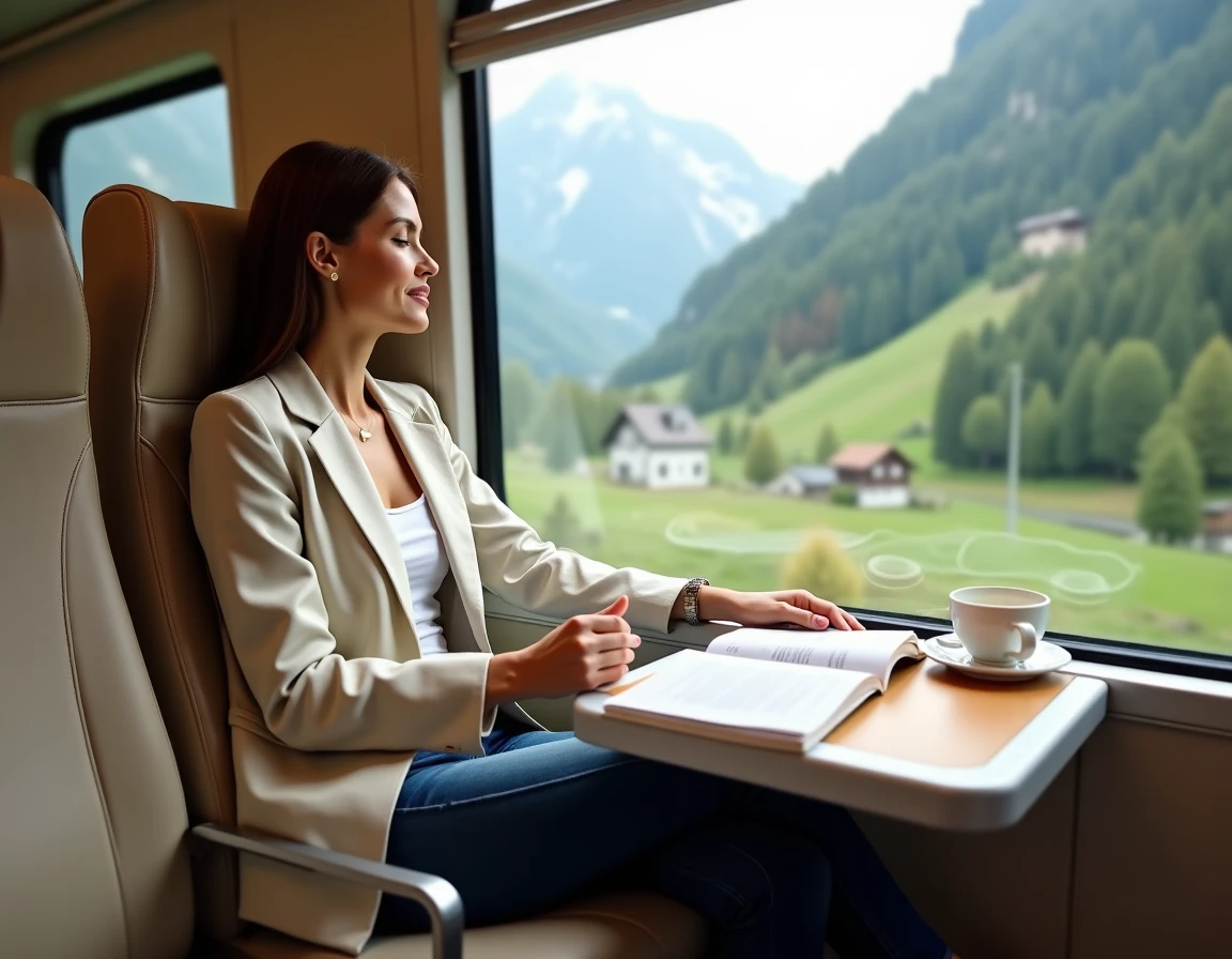 Voyageuse en train panoramique traversant les Alpes en direction de Ljubljana, Slovénie