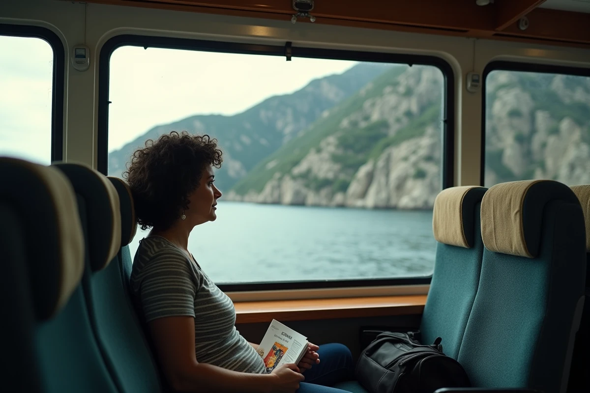 Voyageuse regardant le paysage corse par la fenêtre d'un bus ou d'un ferry sur le trajet Propriano Ajaccio