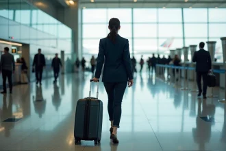 Voyageuse tirant une valise à roulettes dans un terminal d'aéroport international de New York